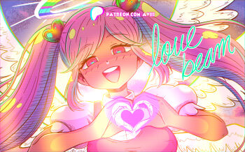 1girl :d angel angel_wings axl_sevens backlighting bare_arms breasts commentary commission dark-skinned_female dark_skin dutch_angle english_commentary english_text feathered_wings frilled_sleeves frills from_below glowing hair_behind_ear hair_ornament halo hands_up hatching_(texture) heart heart_hair_ornament heart_hands heart_in_heart_hands highres long_hair looking_at_viewer omori open_mouth overalls parted_bangs patreon_username perfectheart_(omori) pink_eyes pink_hair pink_overalls puffy_short_sleeves puffy_sleeves purple_background ringed_eyes round_teeth shaded_face shirt short_sleeves sidelocks simple_background small_breasts smile solo straight-on teeth tongue twintails underlighting upper_body upper_teeth_only white_halo white_shirt white_wings wings