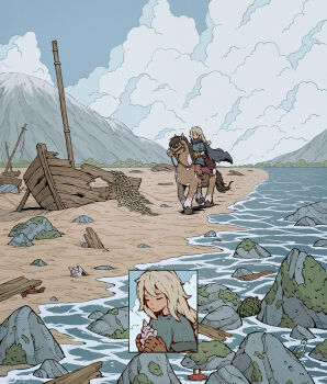1girl animal beach bedroll blonde_hair boat boots brown_boots cape closed_eyes cloud cloudy_sky commentary crab english_commentary fantasy highres horse horseback_riding long_hair mast moss mountain net original pants reins riding rock sand scenery seashell shell shipwreck sky solo underpalewater water watercraft waves wide_shot