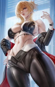 1girl abs absurdres bare_shoulders belly blonde_hair blue_eyes breasts commentary from_below goddess_of_victory:_nikke grave_(beautiful_you)_(nikke) grave_(nikke) highres jacket leather leather_bikini leather_jacket leather_pants lips midriff navel pants sherylnome solo solo_focus thighs watch wristwatch