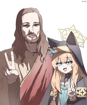 1boy 1girl animal_ears beard blue_archive blue_eyes braid cat_ears facial_hair halo highres jesus kai_xin mari_(blue_archive) red_sash sash v veil yellow_halo