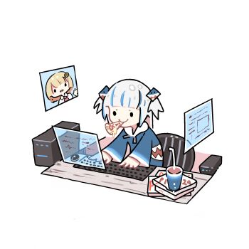 1girl bendy_straw blue_hair blue_hoodie chair chibi closed_mouth commentary_request computer computer_tower drinking_straw food food_in_mouth gawr_gura gawr_gura_(1st_costume) hair_ornament highres holographic_monitor hololive hololive_english hood hood_down hoodie computer_keyboard long_sleeves computer_mouse mouth_hold multicolored_hair office_chair pizza pizza_box pizza_slice simple_background smile solid_circle_eyes solo streaked_hair swivel_chair takeru_(hashiru11275) two_side_up virtual_youtuber watson_amelia white_background white_hair wide_sleeves