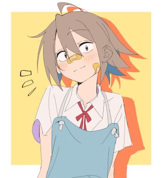 1girl ahoge apron bandaid bandaid_on_cheek bandaid_on_face bandaid_on_nose blue_apron blush bow bowtie brown_hair closed_mouth do_it_yourself!! highres looking_at_viewer red_bow red_bowtie red_eyes shirt smile solo white_shirt womiriguramu yellow_background yua_serufu