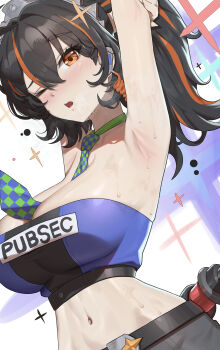 1girl absurdres alternate_costume armpits arms_up black_hair black_pants breasts checkered_necktie commentary earpiece english_commentary hairband highres large_breasts looking_at_viewer mangsik metal_hairband multicolored_hair navel necktie one_eye_closed pants ponytail presenting_armpit red_eyes red_hair solo stomach strapless streaked_hair sweat tube_top zenless_zone_zero zhu_yuan