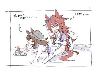 2girls animal_ears asymmetrical_legwear beanie beer_hsk blue_ribbon bow brown_hair carrot cellphone commentary_request ear_ribbon ears_through_headwear eating fang food grey_hat hat holding holding_food holding_phone horse_ears horse_girl horse_tail long_hair lying multiple_girls nakayama_festa_(umamusume) no_shoes on_stomach open_mouth orfevre_(umamusume) phone pleated_skirt puffy_short_sleeves puffy_sleeves purple_shirt ribbon school_uniform shirt short_sleeves skirt tail thighhighs thighhighs_pull tracen_school_uniform translation_request umamusume very_long_hair white_background white_skirt white_thighhighs