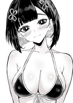 1girl absurdres bikini blunt_bangs blush breasts bright_pupils cleavage commentary_request front-tie_bikini_top front-tie_top hair_ornament highres machida_reina monochrome mothinus nue_no_onmyouji short_hair solo sweat swimsuit