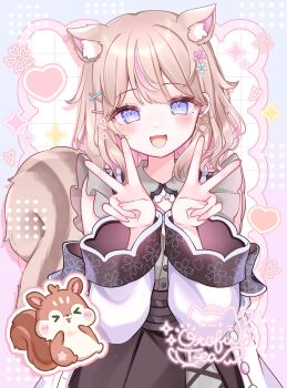 1girl :d animal_ear_fluff animal_ears black_skirt blue_eyes blush brown_hair cardigan colored_inner_hair commentary_request commission dot_nose double-parted_bangs double_v earrings fingernails floral_print flower hair_flower hair_ornament hairclip hands_up heart heart_earrings highres indie_virtual_youtuber jewelry long_sleeves looking_at_viewer multicolored_hair open_mouth otoufu_tea pink_streaks purple_background sakura_mimiru short_hair sidelocks signature single_hair_streak skeb_commission skirt smile solo squirrel squirrel_ears squirrel_girl squirrel_tail straight-on tail upper_body v virtual_youtuber wavy_hair x_hair_ornament