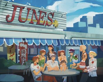 4boys 5girls amagi_yukiko arm_tattoo black_hair black_shirt blonde_hair blue_hair blue_shirt blue_sky brown_hair cloud collared_shirt commentary doujima_nanako driedmangoenjoyer english_commentary green_shirt hanamura_yousuke headphones headphones_around_neck highres in-universe_location kujikawa_rise kuma_(persona_4) multiple_boys multiple_girls narukami_yu necktie outdoors own_hands_clasped own_hands_together persona persona_4 satonaka_chie shirogane_naoto shirt skull_tattoo sky storefront t-shirt tatsumi_kanji tattoo translation_request twintails white_shirt yellow_necktie yellow_shirt