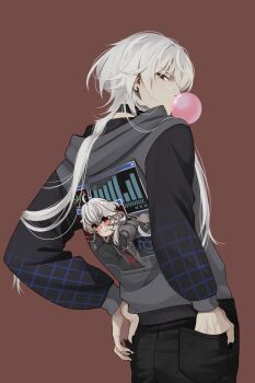 1boy a_date_with_death absurdres black_jacket black_nails blowing_bubble_gum casper_(a_date_with_death) chewing_gum contrapposto cowboy_shot grid_print hand_in_pocket highres hood hood_down jacket jellyfish_cut looking_at_viewer looking_back male_focus official_art print_jacket promotional_art red_eyes solo standing variant_set white_hair