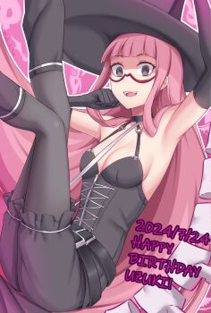 1girl @_@ armpits baggy_shorts breasts character_name dated elbow_gloves glasses gloves happy_birthday hat highres leotard long_hair looking_at_viewer open_mouth pink_hair red-framed_eyewear semi-rimless_eyewear solo soukitsu under-rim_eyewear under_night_in-birth under_night_in-birth_2_sys:celes uzuki_(under_night_in-birth) very_long_hair