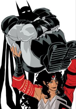 1boy 1girl absolute_batman absolute_dc absolute_wonder_woman assertive_female bat_mask batman batman_symbol belt black_cape bodysuit cape carrying carrying_person commentary cowl dark-skinned_female dark_skin dc_comics english_commentary grey_bodysuit highres multicolored_bodysuit muscular muscular_female muscular_male superhero_costume tattoo tattoo_sleeve two-tone_bodysuit utility_belt wngjngl843722 wonder_woman