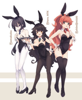 3girls ahoge animal_ears artist_self-insert bandaid bandaid_on_cheek bandaid_on_face bare_shoulders black_footwear black_hair black_legwear black_leotard blue_neckwear breasts brown_eyes brown_hair cleavage collar commentary_request detached_collar fake_animal_ears green_neckwear grey_background hair_ornament hairclip hand_on_own_hip high_heels high_ponytail highres holding holding_tray large_breasts leotard long_hair looking_at_viewer medium_breasts multiple_girls natsuki-chan_(natsuki_teru) natsuki_teru necktie original pale_skin pantyhose playboy_bunny ponytail purple_eyes rabbit_ears rabbit_tail red_neckwear shoes short_necktie small_breasts smile strapless strapless_leotard tail thighhighs tray twitter_username two-tone_background very_long_hair white_background white_collar white_legwear wing_collar wrist_cuffs