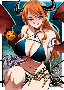 1girl :q absurdres bikini black_bikini breasts collarbone corruption degamishiro demon_girl demon_horns demon_tail demon_wings halloween highres horns large_breasts licking_lips long_hair looking_at_viewer nami_(one_piece) navel one_piece orange_eyes orange_hair pumpkin shoulder_tattoo sidelocks smile solo swimsuit tail tattoo tongue tongue_out wings