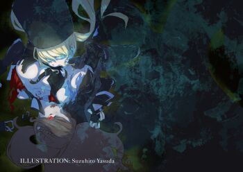 alternate_breast_size blonde_hair blouse breast_biting breasts brown_hair bustier code_vein copyright_notice fangs female_protagonist_(code_vein) fur_hat glowing green_eyes hat highres large_breasts long_coat mia_karnstein official_art protagonist_(code_vein) red_eyes shirt torn_clothes torn_shirt twintails yasuda_suzuhito yuri