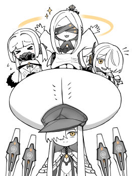 4girls absurdres blue_archive blush breasts closed_eyes commentary_request ein_(blue_archive) halo hat highres long_hair looking_at_viewer malkuth_(blue_archive) mnx2ek0 multiple_girls ohr_(blue_archive) open_mouth simple_background sitting small_breasts sof_(blue_archive) white_background white_hair yellow_eyes