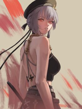 1girl absurdres back backless_shirt bare_shoulders beret black_hat black_shirt black_skirt breasts chucky_(chucky1000sun) commentary_request cowboy_shot crop_top grey_hair hat highres looking_at_viewer looking_to_the_side medium_breasts mole mole_under_mouth parted_lips red_eyes sanhua_(wuthering_waves) shirt short_hair shoulder_blades skirt solo tacet_mark_(wuthering_waves) wuthering_waves