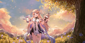 1girl absurdres bare_shoulders black_collar black_dress blonde_hair blue_eyes breasts cartethyia_(wuthering_waves) cloud collar crown_of_thorns dress earrings hand_puppet highres jewelry leviathan_(wuthering_waves) long_hair looking_at_viewer missing_commentary multiple_earrings muyinxia necklace open_mouth outdoors parted_bangs pointy_ears puppet sidelocks small_breasts smile solo tabard tacet_mark_(wuthering_waves) thighs very_long_hair white_tabard wuthering_waves