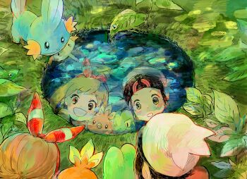 1boy 1girl :d :o blush brendan_(pokemon) brown_hair closed_mouth commentary dot_nose gen_3_pokemon grass hairband hat leaf looking_at_reflection machida_(m_chotto) may_(pokemon) mudkip nintendo nostrils open_mouth outdoors pokemon pokemon_(creature) pokemon_oras red_hairband reflection reflective_liquid smile torchic treecko water water_drop white_hat