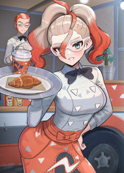 1boy 1girl absurdres apron black_bow black_bowtie blue_eyes blush bow bowtie breasts cleaning_rag closed_eyes closed_mouth cowlick croissant cup disposable_coffee_cup disposable_cup food food_truck glasses gonzarez gradient_hair griselle_(pokemon) grisham_(pokemon) hair_pulled_back hand_on_own_hip highres holding holding_plate holding_tray ketchup_bottle large_breasts looking_at_viewer multicolored_hair mustard_bottle nintendo open_mouth orange_apron orange_hair plant plate pokemon pokemon_legends:_z-a ponytail potted_plant print_apron red_apron red_hair shirt short_ponytail smile split_ponytail tray two-tone_hair waist_apron white-framed_eyewear white_hair white_shirt