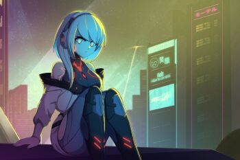 1girl axasempai bare_shoulders blue_eyes breasts cosplay cyberpunk:_edgerunners cyberpunk_(series) grey_hair highres ico_(megaman_x_dive) large_breasts lucy_(cyberpunk) lucy_(cyberpunk)_(cosplay) mega_man_(series) mega_man_x_(series) mega_man_x_dive ringed_eyes robot_girl sitting solo watermark web_address