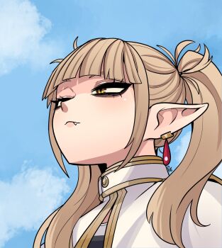 bags_under_eyes boku_no_hero_academia brown_hair earrings elf fangs frieren highres jewelry looking_to_the_side meme narrowed_eyes pointy_ears signature sky sousou_no_frieren teardrop_earrings toga_himiko twintails unusualpie upward_angle_frieren_drawing_(meme) yellow_eyes