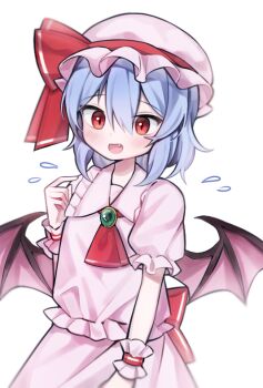 Rule 34 | 1girl, :d, ascot, back bow, bat wings, blue hair, blush, bow, collared shirt, commentary, cowboy shot, dot nose, double-parted bangs, fang, flying sweatdrops, frilled wrist cuffs, frills, hair between eyes, hand up, hat, hat ribbon, mob cap, open mouth, pink hat, pink shirt, pink skirt, red ascot, red bow, red eyes, red ribbon, remilia scarlet, ribbon, shirt, short hair, short sleeves, simple background, skirt, skirt set, smile, solo, soooooook2, touhou, white background, wings, wrist cuffs