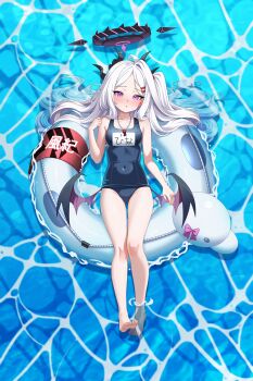 1girl absurdres afloat barefoot blue_archive commentary_request hair_ornament halo highres hina_(blue_archive) hina_(swimsuit)_(blue_archive) horns innertube karaage_(xxxmido02) long_hair looking_at_viewer official_alternate_costume one-piece_swimsuit purple_eyes school_swimsuit solo swim_ring swimsuit whistle whistle_around_neck white_hair wings