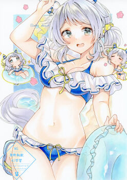 1girl absurdres alternate_costume alternate_hairstyle animal_ears aqua_eyes arm_up bare_shoulders bikini blue_bikini blush breasts chibi chibi_inset cleavage collarbone commentary_request frilled_bikini frilled_innertube frills grey_hair hair_ornament hair_scrunchie highres hishi_miracle_(umamusume) holding holding_swim_ring horse_ears horse_girl horse_tail innertube large_breasts looking_at_viewer medium_hair navel off-shoulder_bikini off_shoulder on_innertube open_mouth sandals scrunchie shin_kun30 smile swim_ring swimsuit tail thighs toes umamusume yellow_scrunchie