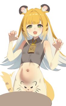 1girl :d animal_ear_fluff animal_ears animal_print bare_shoulders blonde_hair blush bottomless chinese_zodiac cinna_hds claw_pose collared_shirt colored_inner_hair cowboy_shot crop_top do_you_want_to_pet_my_cat_(meme) fang flat_chest green_eyes grey_shirt groin hands_up ju_fufu loli long_hair looking_at_viewer multicolored_hair navel open_mouth orange_hair pussy shirt simple_background skin_fang sleeveless sleeveless_shirt smile solo stomach table tail tiger_ears tiger_girl tiger_print tiger_stripes tiger_tail two-tone_hair v-shaped_eyebrows white_background white_hair year_of_the_tiger zenless_zone_zero
