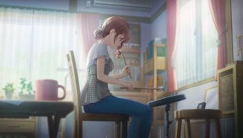 Rule 34 | 1girl, air conditioner, backlighting, bare arms, basket, bedroom, binder, blouse, blue eyes, blunt bangs, blurry, blurry background, book, bookshelf, brown hair, bulletin board, cabinet, chair, closed mouth, coffee mug, coffee table, colorful palette, corner, cup, curtains, day, denim, desk, desk lamp, display, drawer, drum pad, drumming, drumsticks, eyelashes, feet out of frame, fingernails, flower pot, from side, frown, gold necklace, hair behind ear, hair bun, hair tie, hair up, hands up, head down, highres, holding, holding drumsticks, indoors, jeans, jewelry, jewelry box, lamp, leaf, light particles, looking down, mirror, mobile, mochizuki honami, mug, nape, necklace, nightstand, official art, on chair, pants, paper, pattern request, photo (object), picture frame, plant, potted plant, profile, project sekai, ruler, scissors, serious, shirt, single hair bun, single sidelock, sitting, solo, stick to your faith (project sekai), stool, strapless, strapless shirt, sunlight, table, tareme, third-party source, unworn jewelry, wavy hair, white shirt, wide sleeves, window