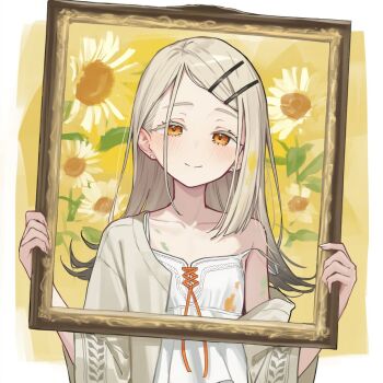 1girl blonde_hair blush camisole closed_mouth collarbone colored_eyelashes dot_nose earrings flipped_hair flower gakuen_idolmaster hair_ornament hairclip highres holding holding_picture_frame idolmaster jacket jewelry long_hair long_sleeves looking_at_viewer naikasukasu open_clothes open_jacket orange_eyes paint_on_body paint_on_clothes picture_frame shinosawa_hiro single_bare_shoulder smile solo strap_slip upper_body white_camisole white_jacket wide_sleeves yellow_background yellow_flower