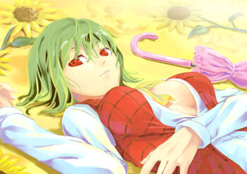 1girl between_breasts breasts breasts_apart bz_(pixiv) closed_umbrella female_focus flower green_hair kazami_yuuka kokonoe_shuu large_breasts light_smile lipstick lying makeup no_bra on_back open_clothes open_shirt plaid_clothes plaid_vest red_eyes ribbon shirt short_hair smile solo sunflower touhou umbrella vest