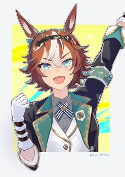 1girl animal_ears arm_up armband bamboo_memory_(ambition_of_the_black_iron)_(umamusume) bamboo_memory_(umamusume) black_jacket blue_eyes blush brown_hair collared_shirt commentary_request cross_tie followers_favorite_challenge gloves green_armband grey_shirt hair_between_eyes hairband headband highres horse_ears horse_girl jacket long_sleeves looking_at_viewer multicolored_hair multiple_drawing_challenge open_clothes open_jacket open_mouth quro914803 shirt short_hair smile solo streaked_hair umamusume upper_body vest white_gloves white_hair white_vest