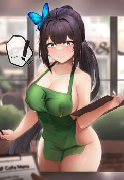 ! 1girl absurdres apron black_hair blurry blurry_background blush breasts butterfly_hair_ornament cafe cleavage closed_mouth collarbone commission covered_erect_nipples green_apron green_eyes hair_between_eyes hair_ornament highres holding holding_menu holding_pencil iced_latte_with_breast_milk_(meme) indoors korean_commentary lactation lactation_through_clothes large_breasts legs_together long_hair looking_at_viewer meme menu naked_apron nine_(kanine41) original pencil sidelocks smile solo spoken_exclamation_mark standing thighhighs window