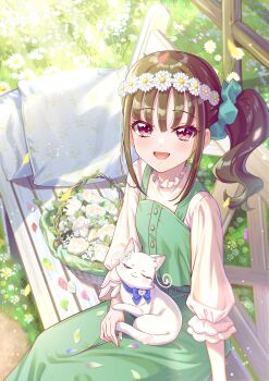 Rule 34 | 1girl, absurdres, animal, animal on lap, aqua dress, aqua scrunchie, basket, bench, black hair, cat, commentary, day, dress, fence, flower, flower wreath, frilled shirt, frills, grass, hair ornament, hair scrunchie, highres, long dress, long sleeves, looking at viewer, medium hair, nekoyashiki mayu, nekoyashiki yuki, nekoyashiki yuki (cat), on bench, on lap, open mouth, pillow, pinafore dress, precure, purple eyes, rice rabbit22, scrunchie, shirt, side ponytail, sitting, sleeveless, sleeveless dress, smile, solo, sunlight, white shirt, wonderful precure!, wooden fence