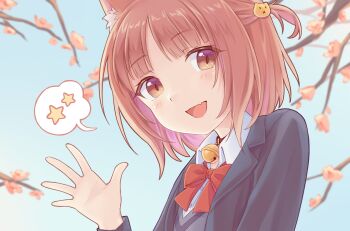 Rule 34 | 1girl, :d, absurdres, animal ear fluff, animal ears, azuki (nekopara), bell, black choker, blue sky, blush, bow, bowtie, brown eyes, brown hair, cat ears, cat girl, cherry blossoms, choker, collared shirt, commentary, day, dress shirt, english commentary, fang, flat chest, grey jacket, grey vest, hand up, happy, highres, jacket, jingle bell, looking at viewer, medium hair, neck bell, nekopara, nirunirin, official alternate costume, open mouth, outdoors, outstretched hand, portrait, red bow, red bowtie, school uniform, shirt, skin fang, sky, slit pupils, smile, solo, speech bubble, spoken star, spring (season), star (symbol), twitter username, two side up, upper body, vest, waving, white shirt