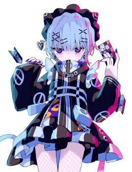 1girl absurdres black_dress blue_hair blue_nails cellphone character_name closed_mouth commentary dress fishnet_pantyhose fishnets foopy hair_ornament hairclip haishin_shoujo_no_uraaka_meikyuu hazama_nagi heart highres holding holding_phone jacket long_sleeves looking_at_viewer name_tag pantyhose phone purple_eyes short_hair simple_background smartphone solo untranslatable_commentary white_background x_hair_ornament