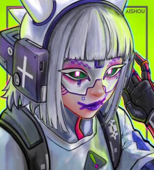 1girl absurdres ai_shou artist_name character_request colored_eyelashes colored_sclera commentary cyberpunk english_commentary glowing glowing_eyes green_background green_sclera headphones highres marathon purple_lips short_hair solo white_hair