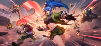 2boys 2girls ammunition_belt anniversary bandana blonde_hair blue_eyes blue_hair brown_hair choker combat_knife earrings fingerless_gloves gloves green_jacket green_shorts gun heavy_machine_gun holding holding_weapon jacket jewelry kasamoto_eri knee_pads knife leona_heidern machine_gun marco_rossi mars_people metal_slug metal_slug_awakening midriff military_vehicle motor_vehicle multiple_boys multiple_girls navel official_art open_clothes open_jacket shorts sv001_(metal_slug) tank tarma_roving the_king_of_fighters triangle_earrings weapon