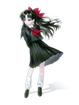 Rule 34 | 1girl, arms behind back, black hair, black serafuku, black shirt, black shoes, black skirt, blush, hair ribbon, highres, loafers, long hair, loose socks, neckerchief, original, purple eyes, red neckerchief, red ribbon, ribbon, school uniform, serafuku, shirt, shoes, skirt, so seo, socks, solo, white background, white socks, wind