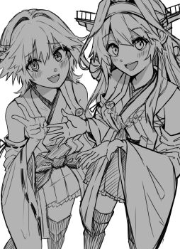 2girls :d blush commentary_request detached_sleeves dokuganryuu greyscale hand_up hiei_(kancolle) highres japanese_clothes kantai_collection kongou_(kancolle) long_hair looking_at_viewer monochrome multiple_girls open_mouth ribbon-trimmed_sleeves ribbon_trim short_hair sketch smile standing teeth upper_teeth_only v white_background wide_sleeves