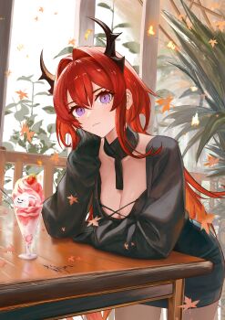 1girl absurdres arknights artist_name autumn_leaves black_dress black_horns blush breasts cleavage closed_mouth commentary_request criss-cross_straps cup demon_girl demon_horns detached_collar dress elbow_rest food fruit hair_between_eyes hair_intakes hand_on_own_cheek hand_on_own_face hand_on_table hand_up head_tilt highres horns ice_cream large_breasts leaf leaning_on_table long_hair long_sleeves looking_at_viewer maple_leaf plant purple_eyes railing red_hair slit_pupils solo spoon strawberry sui_wo_qing_shan_qu surtr_(arknights) table thighs very_long_hair white_background