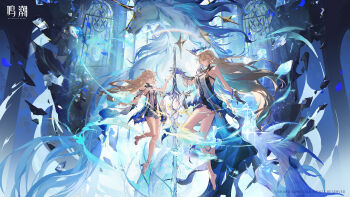 2girls absurdres bare_legs bare_shoulders barefoot black_dress blonde_hair breasts cartethyia_(wuthering_waves) character_name closed_eyes crown_of_thorns dress dual_persona earrings english_text feet fleurdelys_(wuthering_waves) highres horns imperator_(wuthering_waves) jewelry large_breasts legs logo long_hair medium_breasts multiple_girls official_art pointy_ears sandals single_horn tabard toes very_long_hair white_tabard wuthering_waves yellow_horns