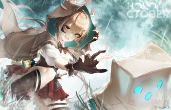 1girl absurdres animal_hood artist_name brown_capelet brown_cloak brown_corset brown_eyes brown_hair capelet cloak corset dagger feather_hair_ornament feathers friend_(nanashi_mumei) gloves grass hair_between_eyes hair_ornament hairclip highres holocouncil hololive hololive_english hood hood_up hooded_capelet kneeling knife lantern long_hair makigaihe multicolored_hair nanashi_mumei nanashi_mumei_(1st_costume) open_hand outdoors outstretched_arm partially_fingerless_gloves rain skirt streaked_hair thighhighs virtual_youtuber weapon