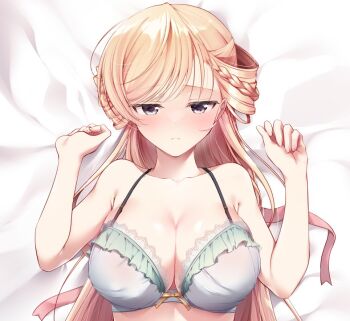 1girl araragi_ayune blonde_hair bra braid breasts collarbone commentary_request frilled_bra frills grey_bra grey_eyes isshiki-san_wa_koi_wo_shiritai. large_breasts long_hair looking_at_viewer merchandise_available rinna_milford solo underwear underwear_only upper_body w_arms white_background