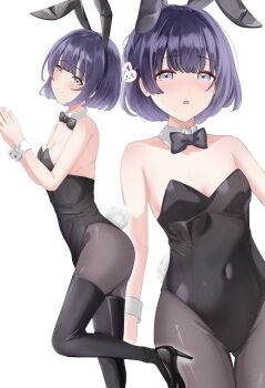 1girl absurdres animal_ear_hairband animal_ears black_hair black_leotard black_pantyhose black_thighhighs bow bowtie commentary_request cowboy_shot detached_collar fake_animal_ears feet_out_of_frame gakuen_idolmaster grey_eyes hairband hataya_misuzu highres idolmaster kirishima_(rxhr3422) leotard multiple_views pantyhose playboy_bunny rabbit_ears rabbit_tail short_hair solo strapless strapless_leotard tail thigh_gap thighhighs wrist_cuffs