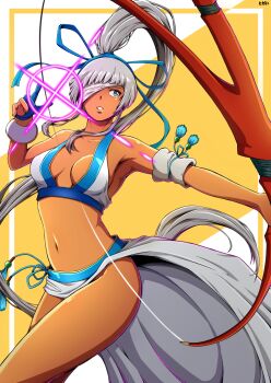 armpits blue_eyes blue_ribbon bow_(weapon) breasts breasts_apart cowboy_shot dark-skinned_female dark_skin eyepatch grey_hair hair_ribbon highres holding holding_bow_(weapon) holding_weapon long_hair majikina_mina medium_breasts navel paid_reward_available ponytail ribbon samurai_spirits snk standing teeth thighs tokai very_long_hair weapon