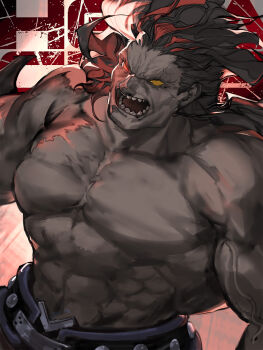1boy ahoge angry belt black_hair character_name commentary_request dark-skinned_male dark_skin fate/grand_order fate_(series) heracles_(fate) heterochromia highres long_hair looking_at_viewer muscular nameless_axe-sword_(fate) no_pupils open_mouth red_eyes solo suzuhi_(fullprayer) topless_male yellow_eyes