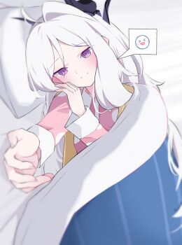 absurdres ahoge blue_archive blush commentary_request demon_girl demon_horns highres hina_(blue_archive) hina_(pajamas)_(blue_archive) horns indoors jacket long_hair looking_at_viewer lying on_side pajamas pink_pajamas polka_dot polka_dot_pajamas supic1711 white_hair yellow_jacket