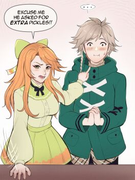 1boy 1girl angry blush bow braid clanne_(fire_emblem) commission dress embarrassed etie_(fire_emblem) evomanaphy excuse_me_he_asked_for_no_pickles_(meme) fire_emblem fire_emblem_engage green_dress hair_bow hand_on_table highres long_hair meme messy_hair nintendo open_mouth orange_hair own_hands_together pointing pointing_at_another second-party_source wide-eyed