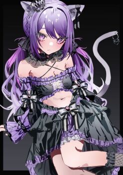 Rule 34 | 1girl, aegyo sal, animal ears, black bow, black collar, black ribbon, black skirt, black sleeves, black socks, black tube top, bow, skirt bow, breasts, cat ears, cleavage, closed mouth, collar, commentary, criss-cross halter, crown, detached collar, detached sleeves, ear ribbon, expressionless, feet out of frame, fishnet socks, fishnets, frilled tube top, frills, gradient background, grey background, hair bow, halterneck, ina uruu, long hair, looking at viewer, low twintails, magire (mqgire), medium breasts, midriff, mini crown, multicolored hair, nanashi inc., navel, pink eyes, pink hair, purple hair, ribbon, skirt, socks, solo, strapless, tube top, twintails, two-tone bow, two-tone hair, virtual youtuber, white bow